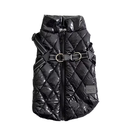 UniQ odeća za kućne ljubimce, PU zimski prsluk sa ugrađenim pojasom i reflektujućim detaljima, crna