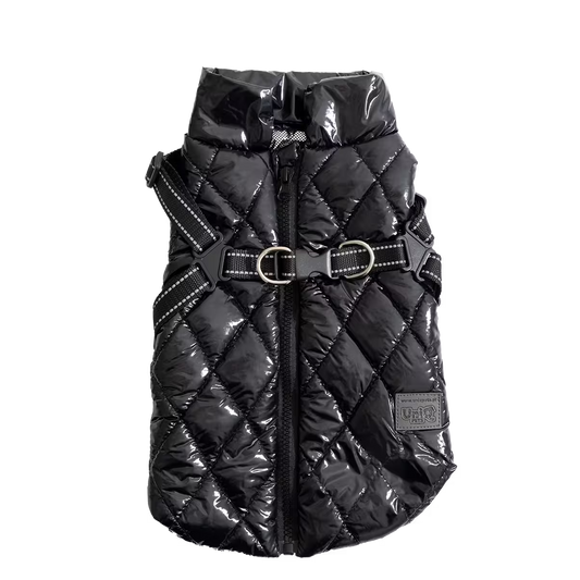 UniQ odeća za kućne ljubimce, PU zimski prsluk sa ugrađenim pojasom i reflektujućim detaljima, crna