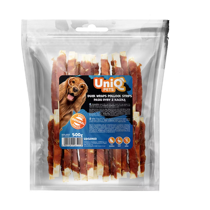 UniQ poslastice za pse, 500g, pačetina obmotana oko trakica bakalara