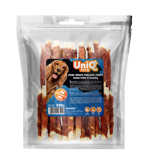 UniQ poslastice za pse, 500g, pačetina obmotana oko trakica bakalara