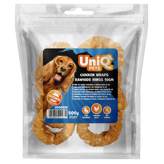 UniQ poslastice za psa, 500 g, pileća sirova koža omotana u prsten, (10cm)