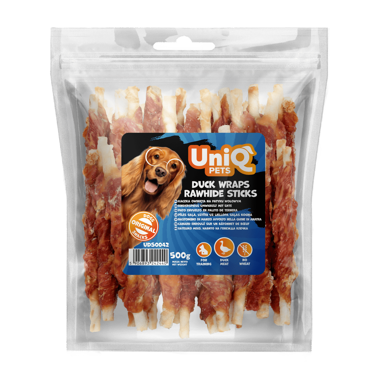 UniQ poslastice za psa, 500 g, rolnice od pačetine sa sirovom kožom, u obliku štapića