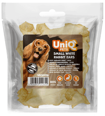 UniQ poslastice za pse, 80g, male bele zečje uši