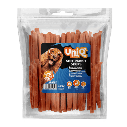 UniQ poslastice za pse, 500g, mekane trakice od zečetine