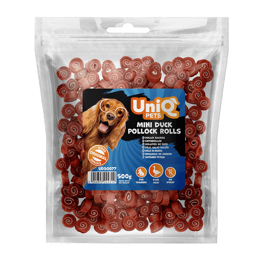 UniQ poslastice za pse, 500g, rolnice od pačetine i bakalara