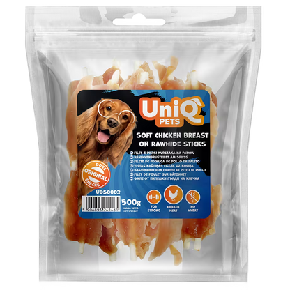 UniQ poslastice za pse, pileća prsa na štapićima od sirove kože
