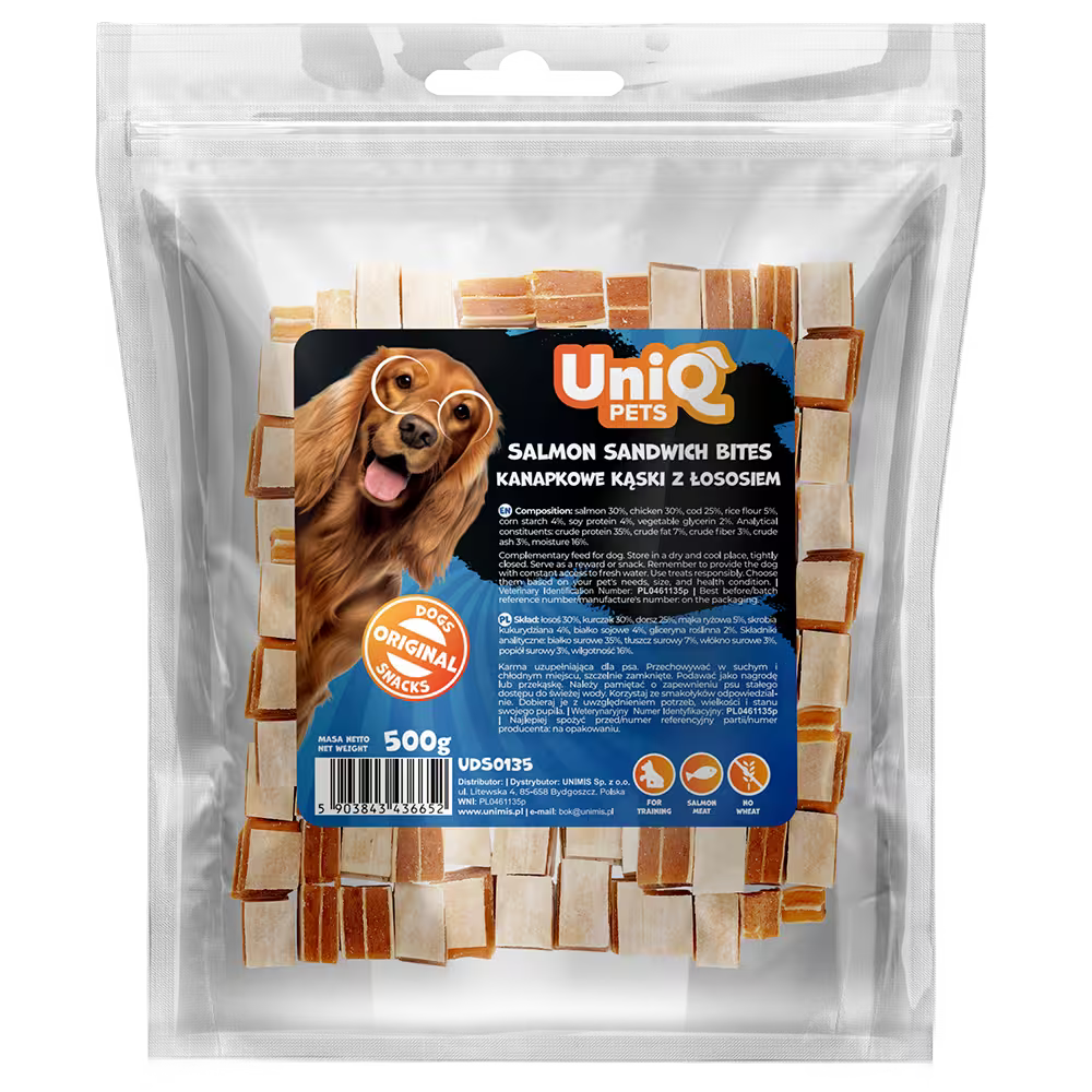 UniQ poslastice za pse, 500g, sendviči od lososa