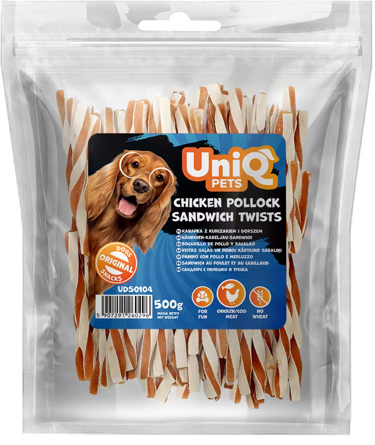 UniQ poslastice za pse, 500g, sendvič-uvijeni štapići od piletine i bakalara