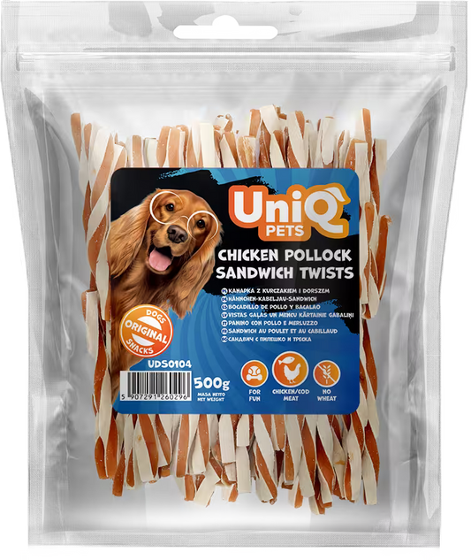 UniQ poslastice za pse, 500g, sendvič-uvijeni štapići od piletine i bakalara