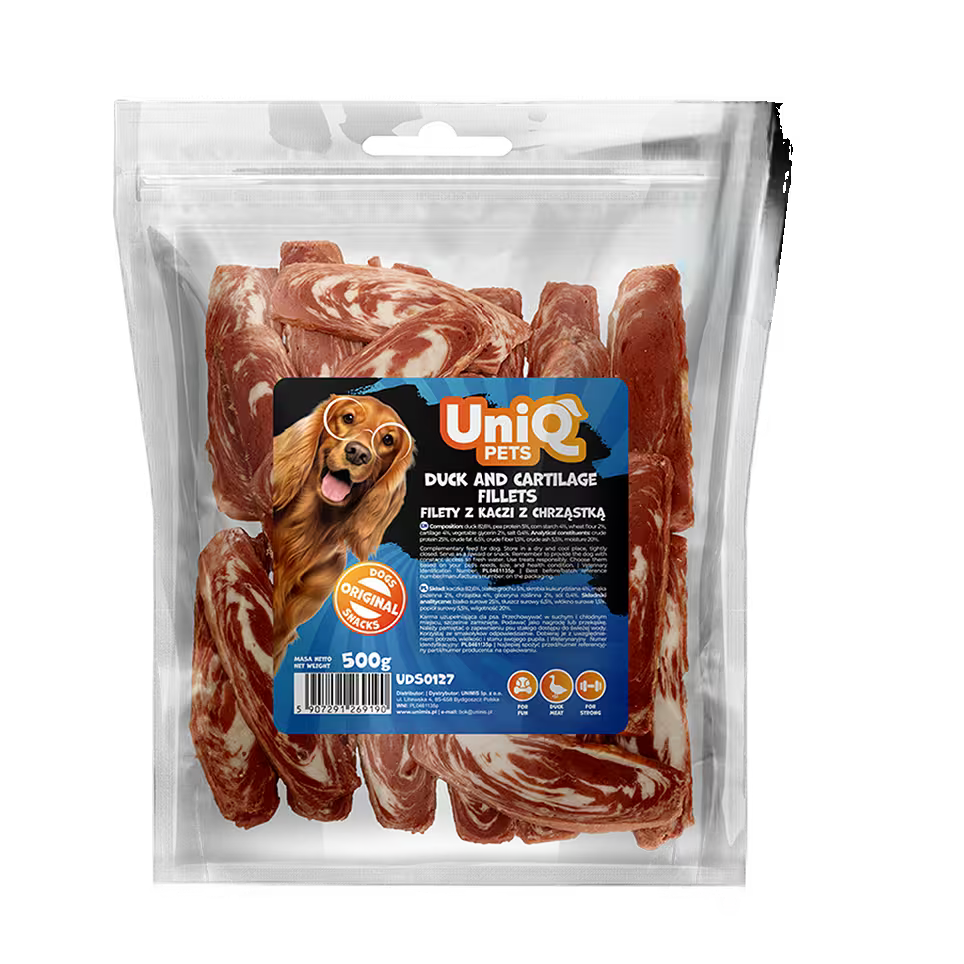 UniQ poslastice za pse, 500g, fileti od pačetine i hrskavice