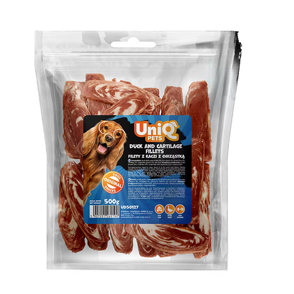 UniQ poslastice za pse, 500g, fileti od pačetine i hrskavice