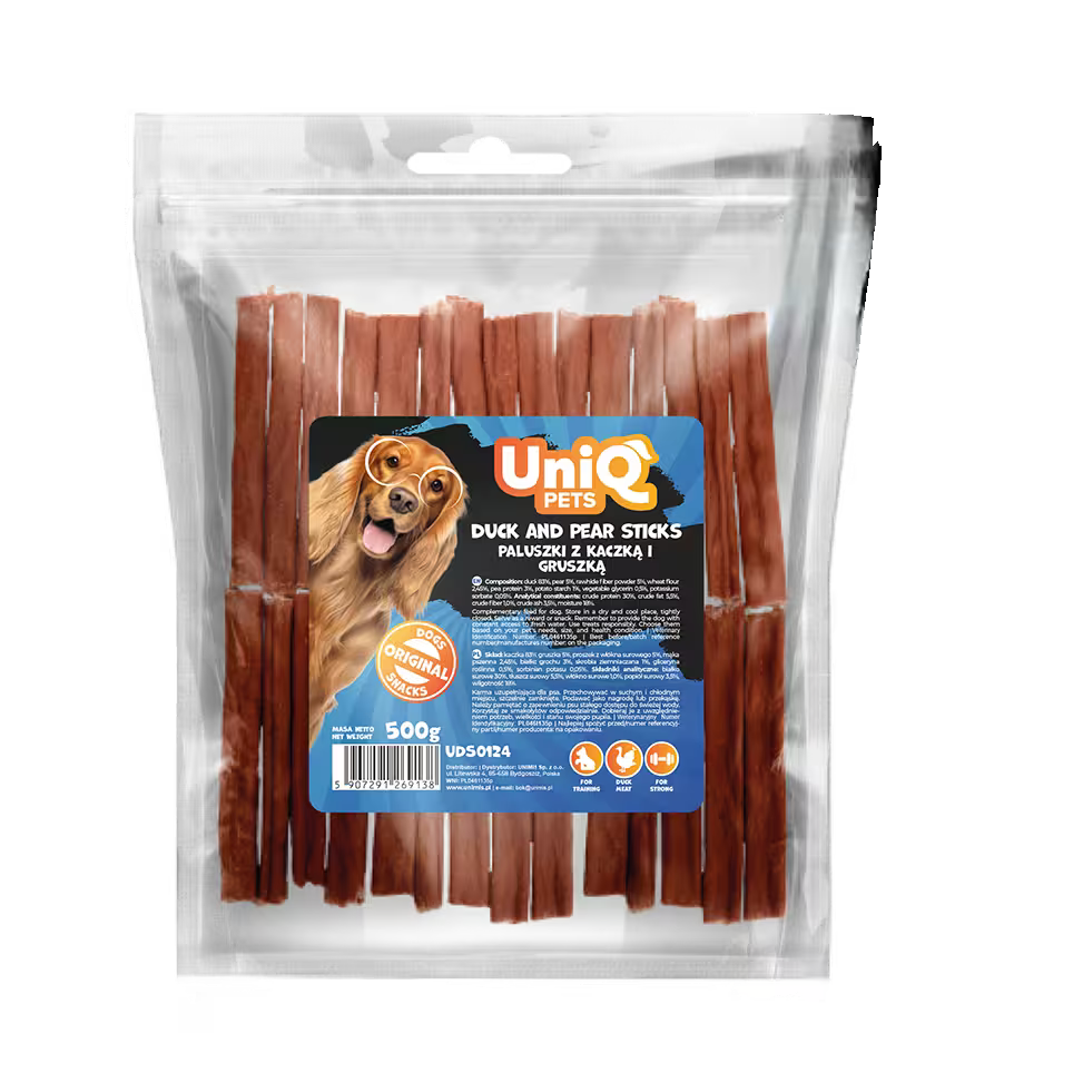 UniQ poslastice za pse, 500g, štapići od pačetine i kruške