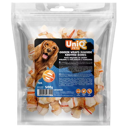 UniQ poslastice za pse, 500g, vezana kost od sirove kože sa rolnicama od piletine (7cm)