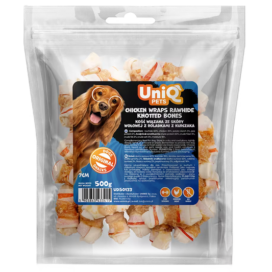 UniQ poslastice za pse, 500g, vezana kost od sirove kože sa rolnicama od piletine (7cm)