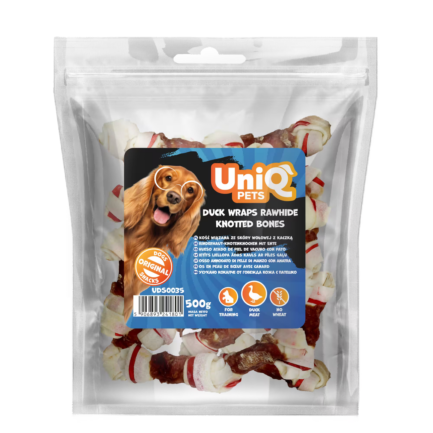 UniQ poslastice za pse, 500g, kosti od sirove kože sa pačetinom