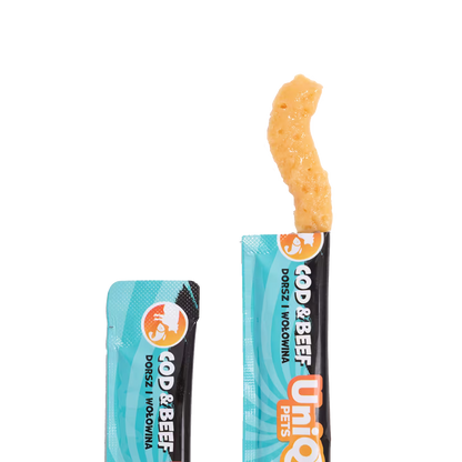 UniQ vlažne poslastice 15g×50 kom, kremasta poslastica za mačke, bakalar i govedina