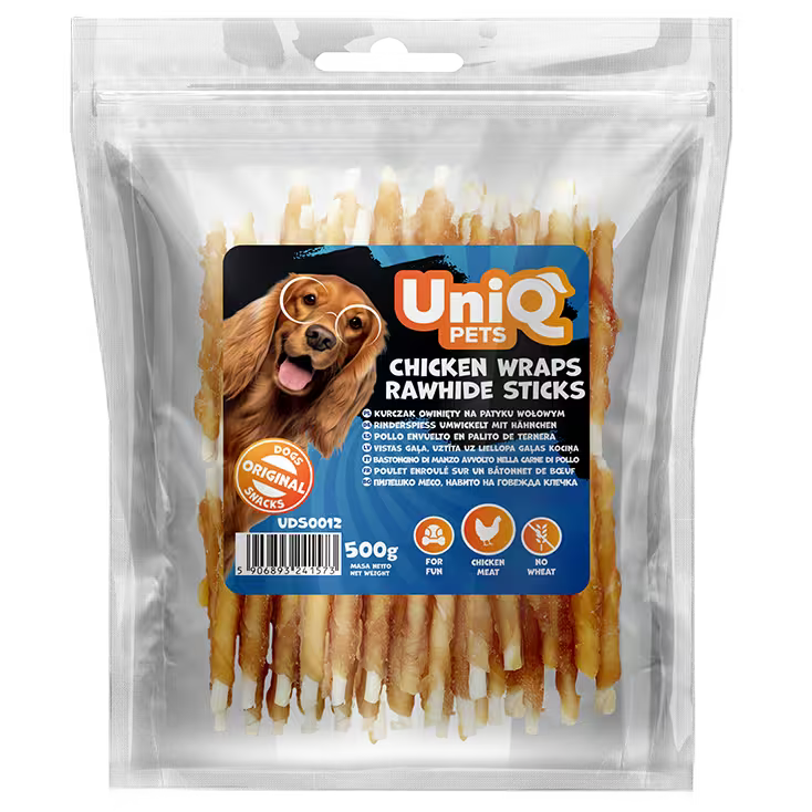 UniQ poslastice za pse, piletina obmotana oko štapića od sirove kože