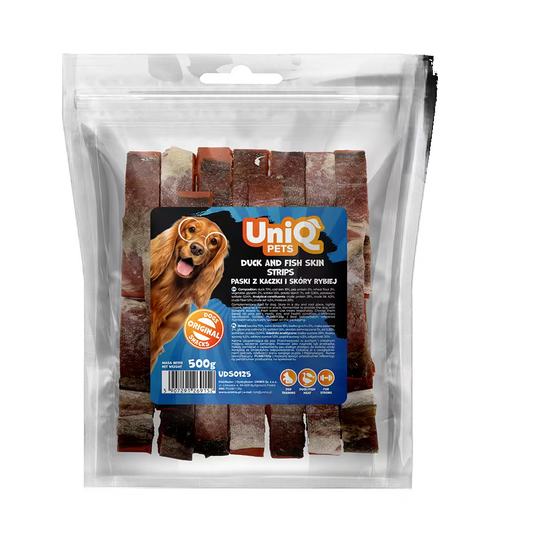 UniQ poslastice za pse, 500g, trakice od pačetine i riblje kože
